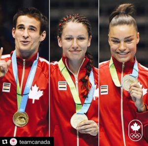 The gold medalists for boxing in the 2015 Pan Am Games Left to Right: Arthur Biyarslanov (64 kg) - Mandy Bujold (51kg) - Caroline Veyre (60kg)