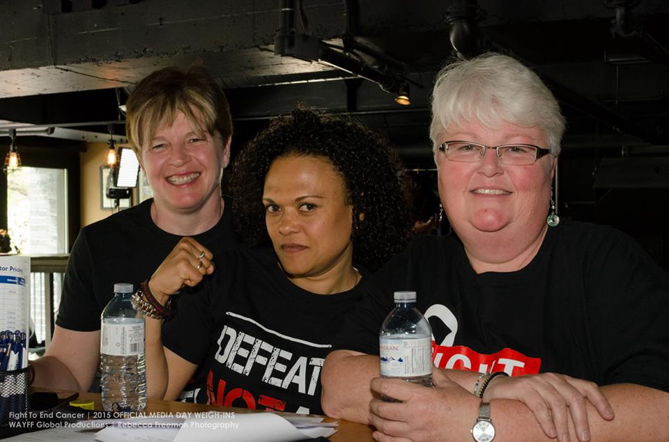 Left to right; Betty-Ann Mosher, FTEC 2013 fighter Shireen Fabing, Lynn Mosher at Fight to End Cancer Media Day 2015